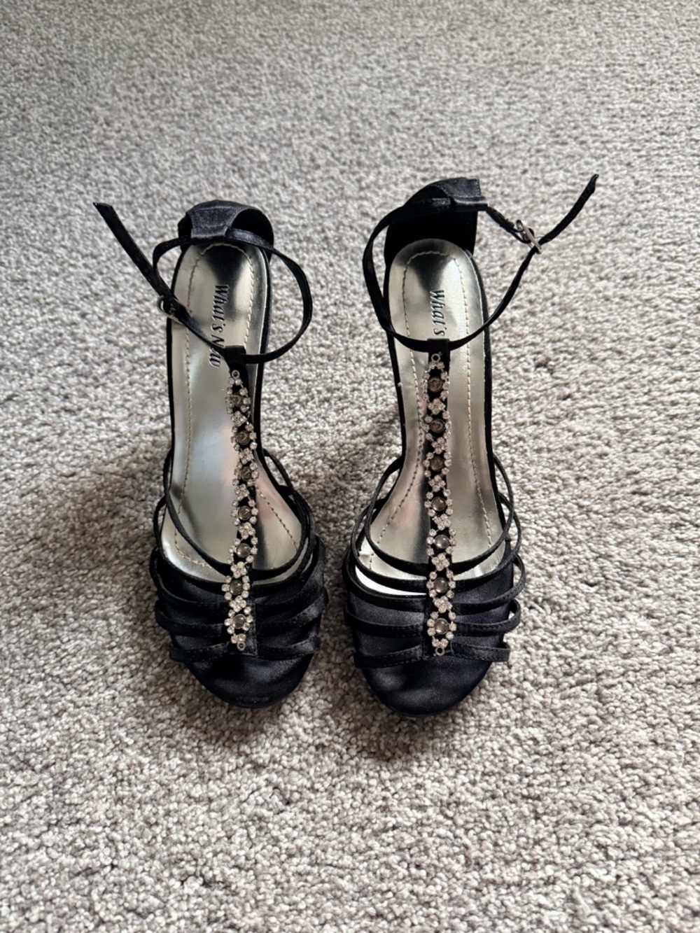 Windsor Smith Black Satin T-Strap Heels with Crystal Embellishment